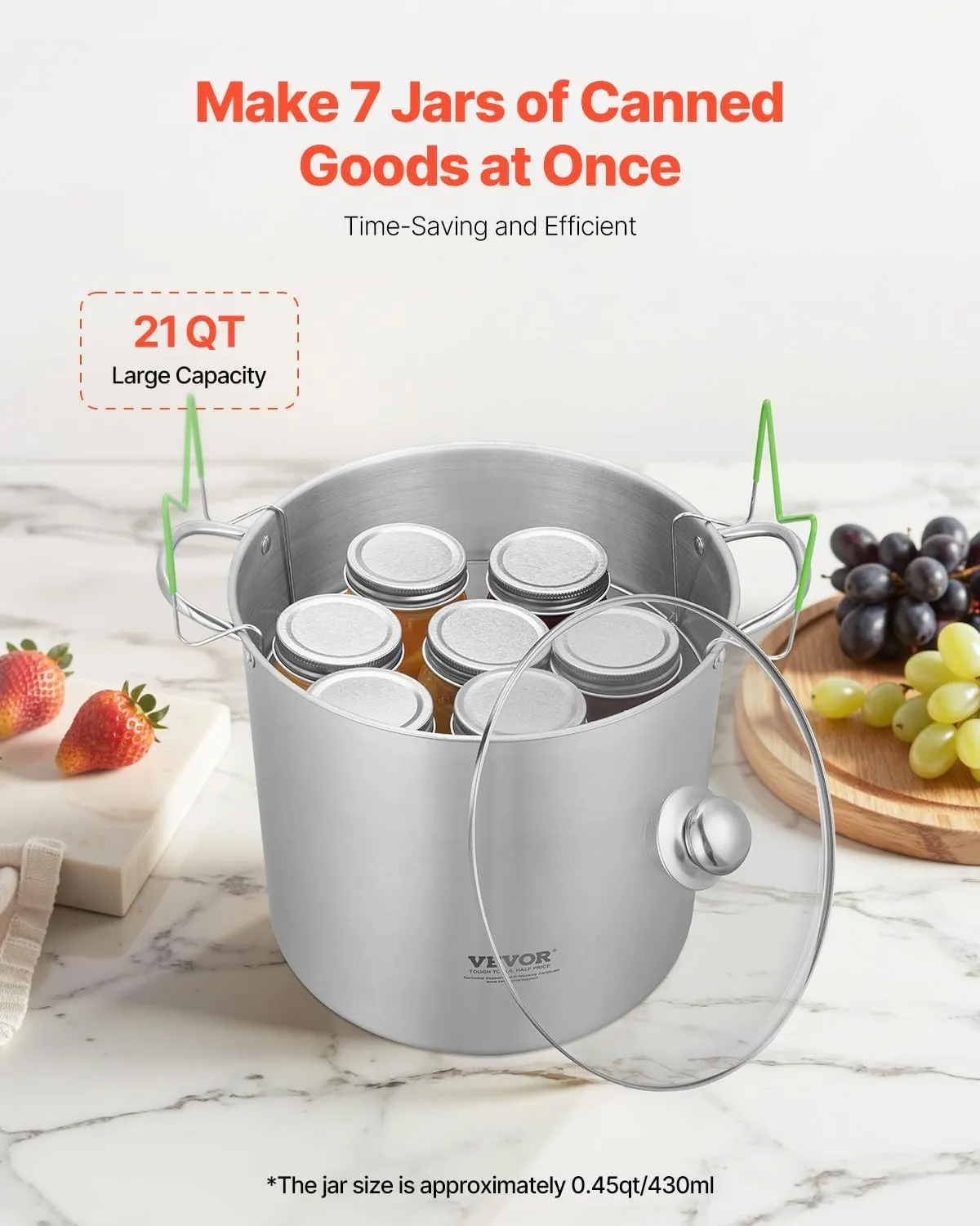 VEVOR 21 QT Canning Pot with Rack and Lid, Stainless Steel Waterbath Canner with Dual Handle and Glass Lid, Compatible with All Cooktops: Induction, Gas, Electric, Glass, Ceramic, Halogen