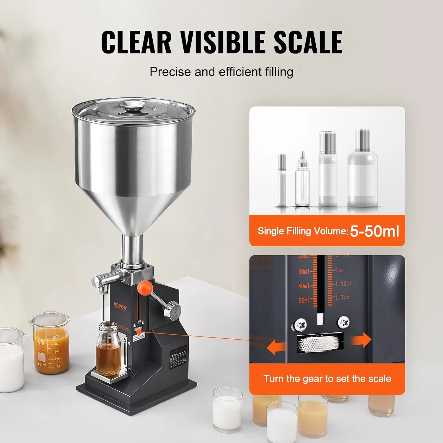VEVOR A03 Manual Paste Liquid Filling Machine, 5-50ml Adjustable Bottle Filling Machine with 10L Hopper for Filling Paste/Cream/Cosmetic/Perfume/Drink/Medicine/Shampoo/Lip Gloss