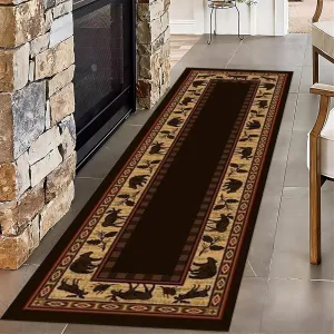 Vintage Forest Brown Long Hallway Rug Runners, 2x10ft, Bear Moose Wildlife Area Rug, Breathable Absorbent Non-Slip Carpets, Foldable Soft Machine Washable Rug for Family Hallway Floor