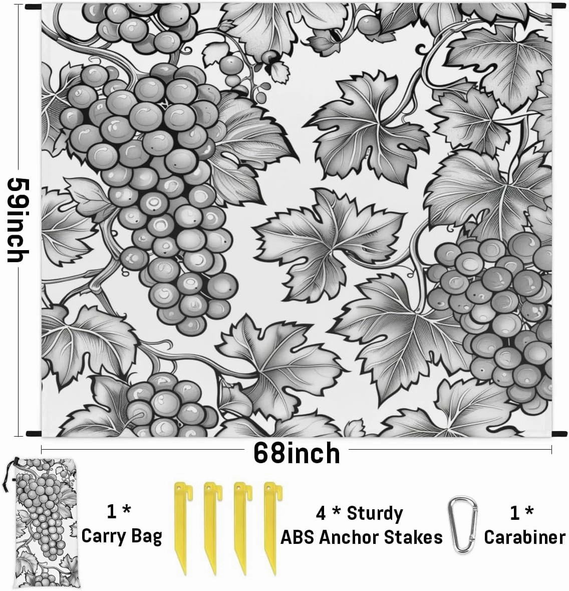 Vintage Grape Beach Blanket, Sandproof Beach Mat, Adults Waterproof Quick Drying Sand Free Mat with 4 x Ground Spikes for Outdoor Travel Camping Hiking, Fruit Grapes