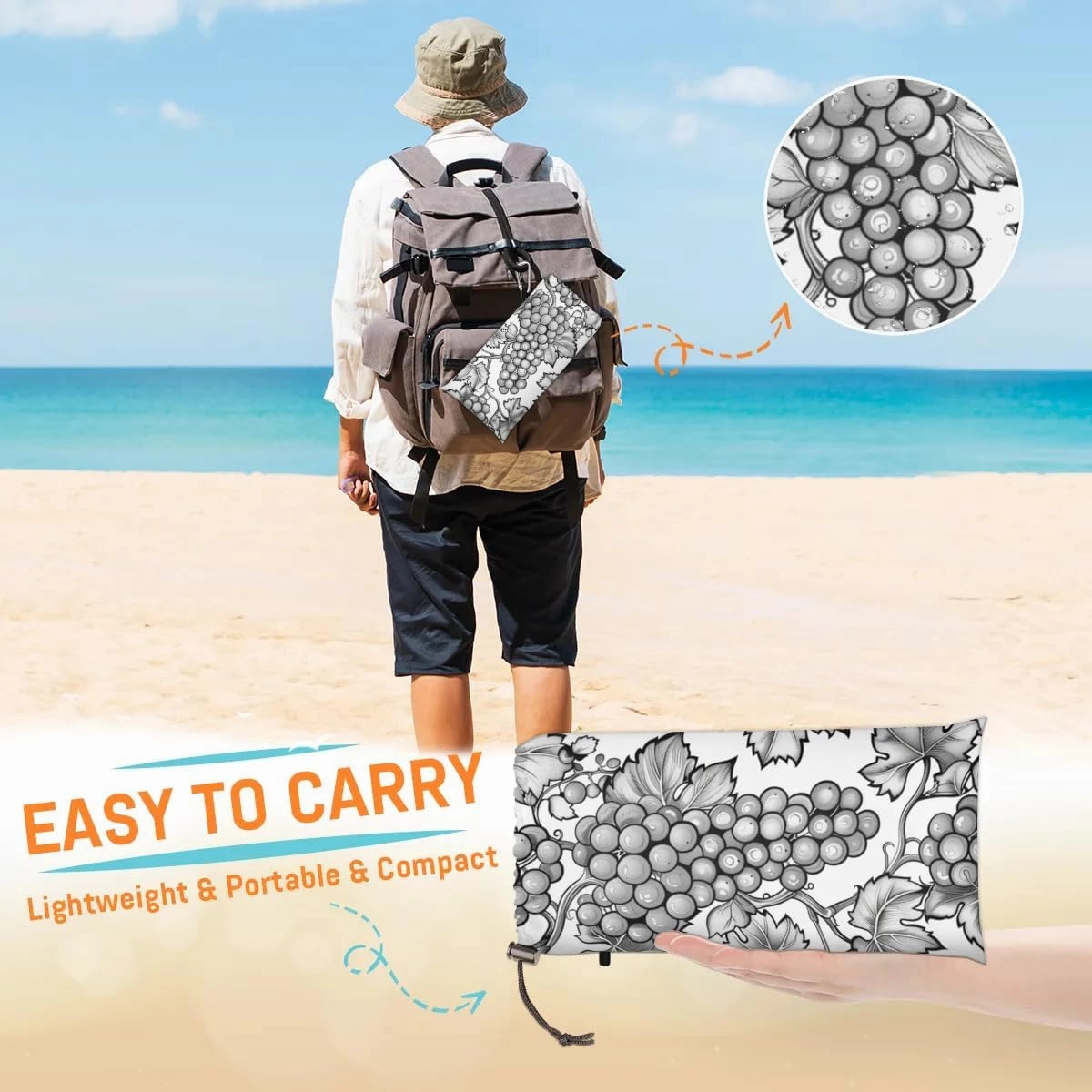 Vintage Grape Beach Blanket, Sandproof Beach Mat, Adults Waterproof Quick Drying Sand Free Mat with 4 x Ground Spikes for Outdoor Travel Camping Hiking, Fruit Grapes