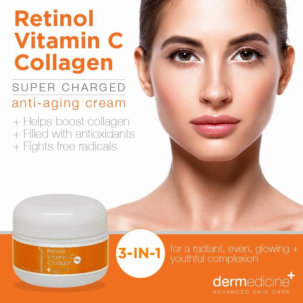 Vitamin C   Retinol   Collagen | Super Charged Anti-Aging Cream for Face | Pharmaceutical Grade Quality | Helps Smooth & Plump Fine Lines & Wrinkles & Brightens for Younger Skin (1 oz)