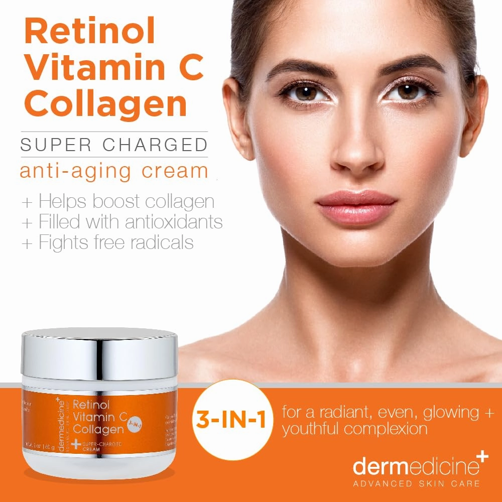 Vitamin C   Retinol   Collagen | Super Charged Anti-Aging Cream for Face | Pharmaceutical Grade Quality | Helps Smooth & Plump Fine Lines & Wrinkles & Brightens for Younger Skin (2 oz)