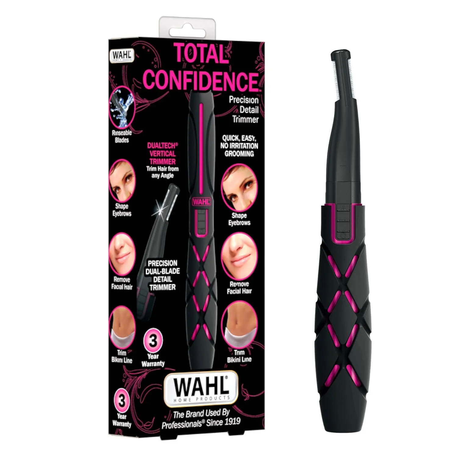 Wahl DualTech® Battery-Powered Hair Trimmer, Face Trimmer for Women Double Sided Detail Trimmer Head, Comfort Grip Body, Facial Hair Remover for Women Model 3026635