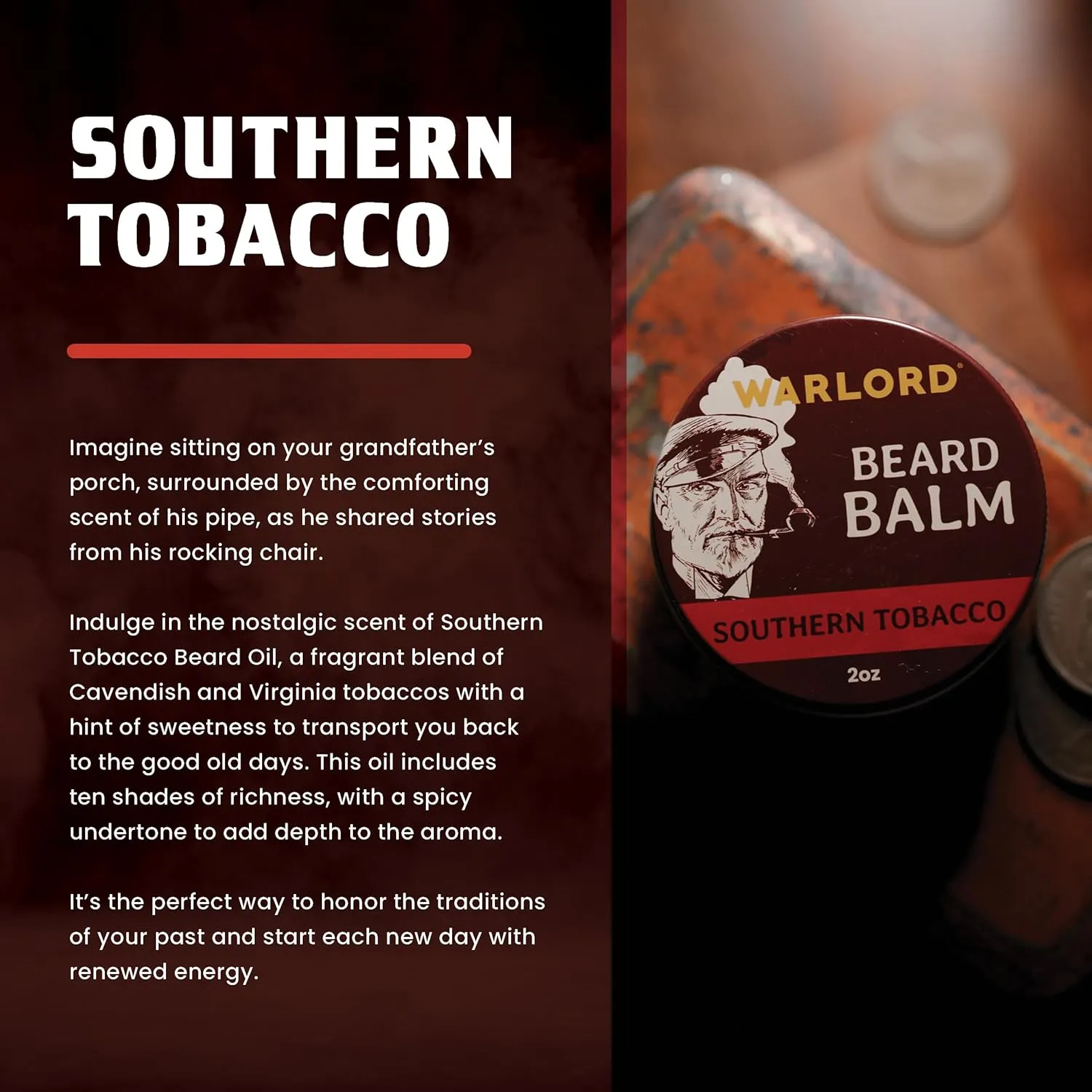 WARLORD Beard Balm for Men – Scented Premium Beard and Scruff Cream & Beard Balm Butter for Facial Hair Hydration, Shaping, Styling, & Itch Relief – Southern Tobacco