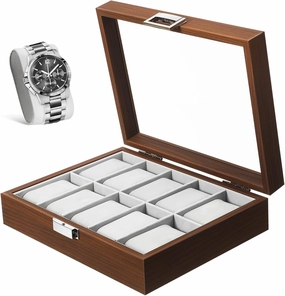 Watch Storage Case with Window Slot Organizer for Watches Jewelry Display Box Walnut Finish Construction for Collectors and Enthusiasts