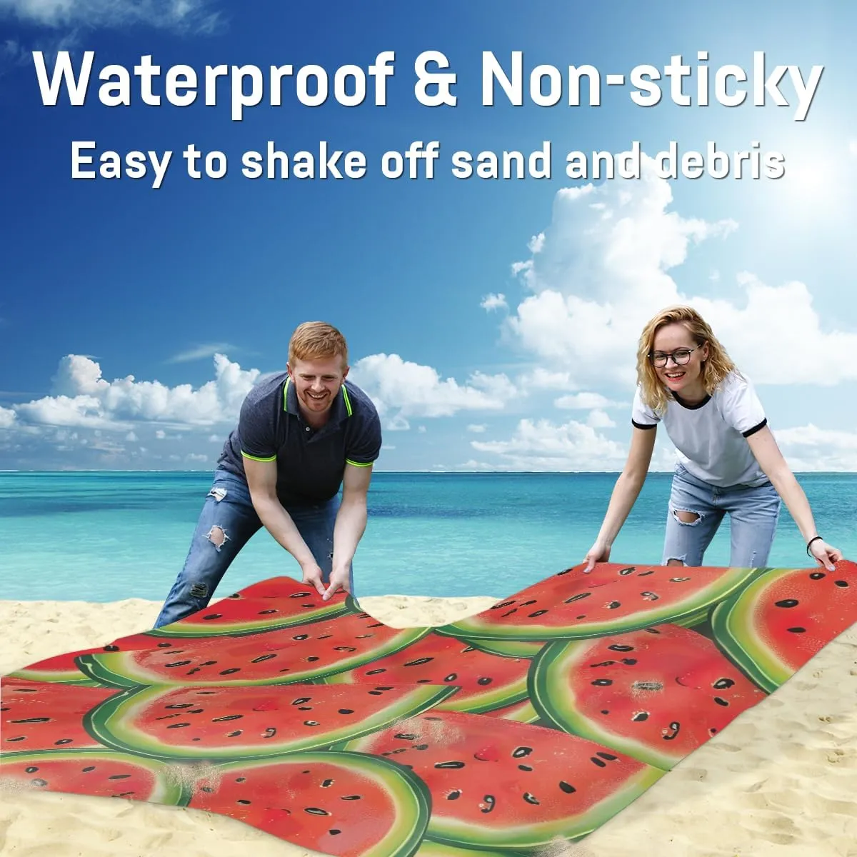 Watermelon Beach Blanket, Sandproof Beach Mat, Adults Waterproof Quick Drying Sand Free Mat with 4 x Ground Spikes for Outdoor Travel Camping Hiking, Fruit Watermelon