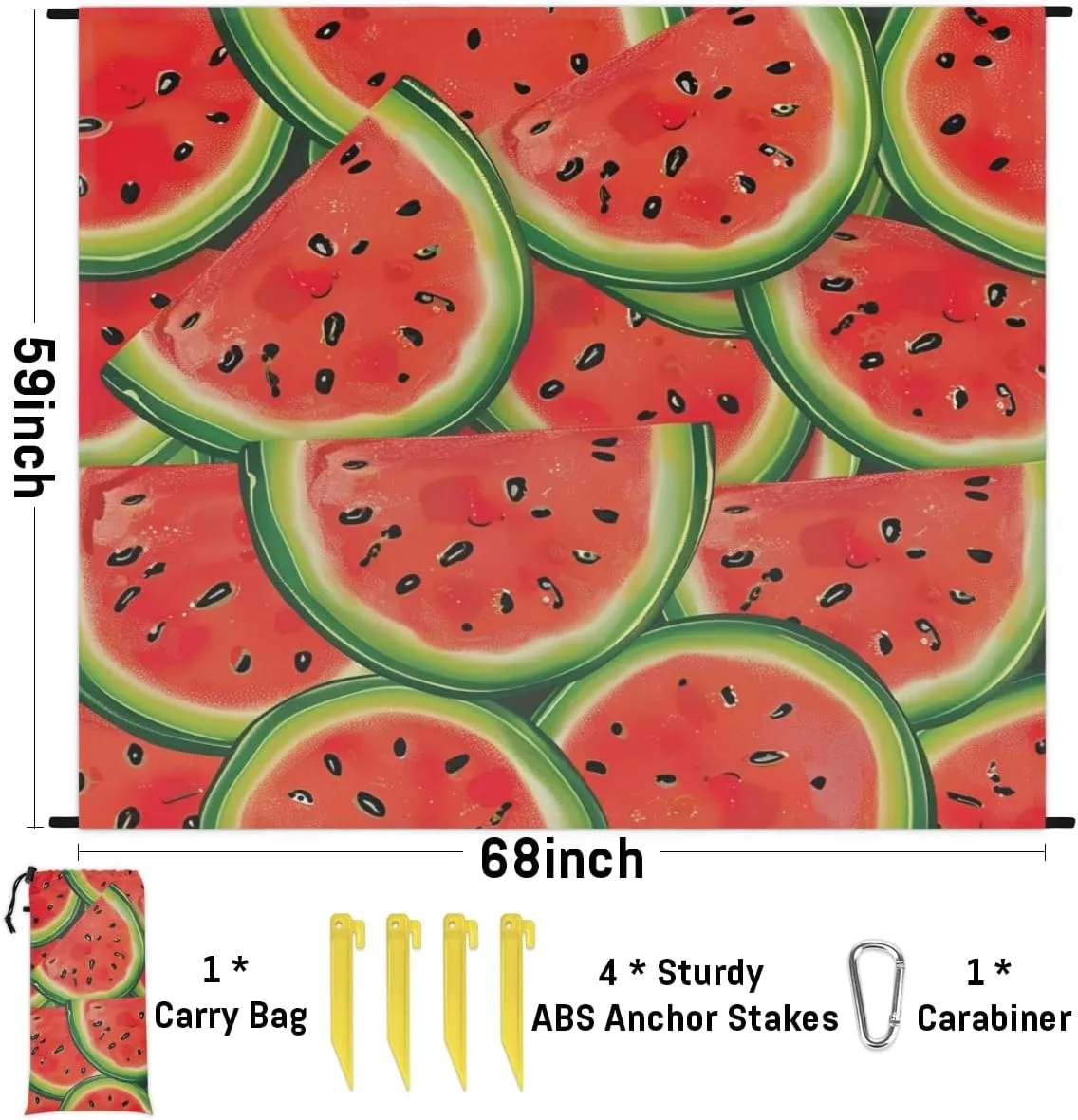 Watermelon Beach Blanket, Sandproof Beach Mat, Adults Waterproof Quick Drying Sand Free Mat with 4 x Ground Spikes for Outdoor Travel Camping Hiking, Fruit Watermelon