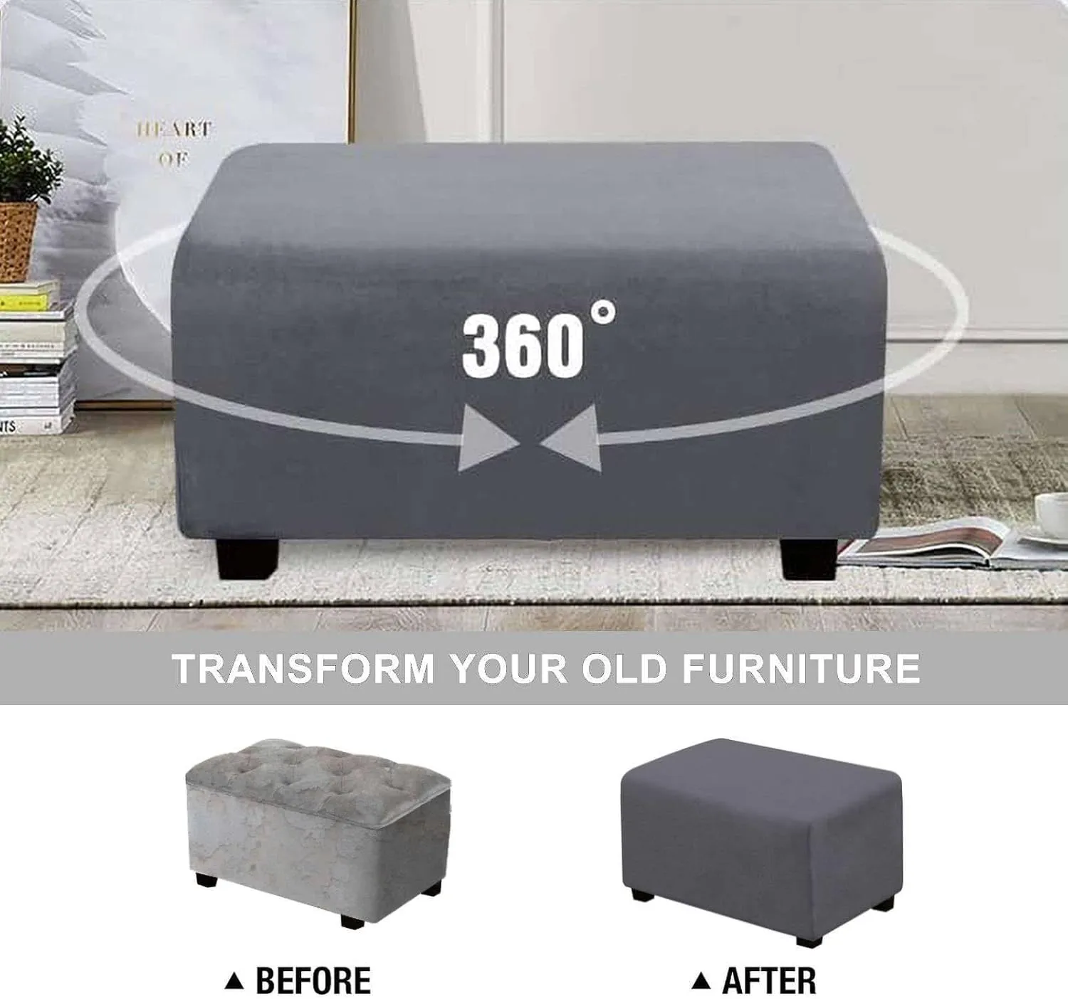 Waterproof Ottoman Cover Rectangle, Stretch Velvet Soft Ottoman Slipcovers Fit Folding Storage Stool with Elastic Bottom-Gray-Medium
