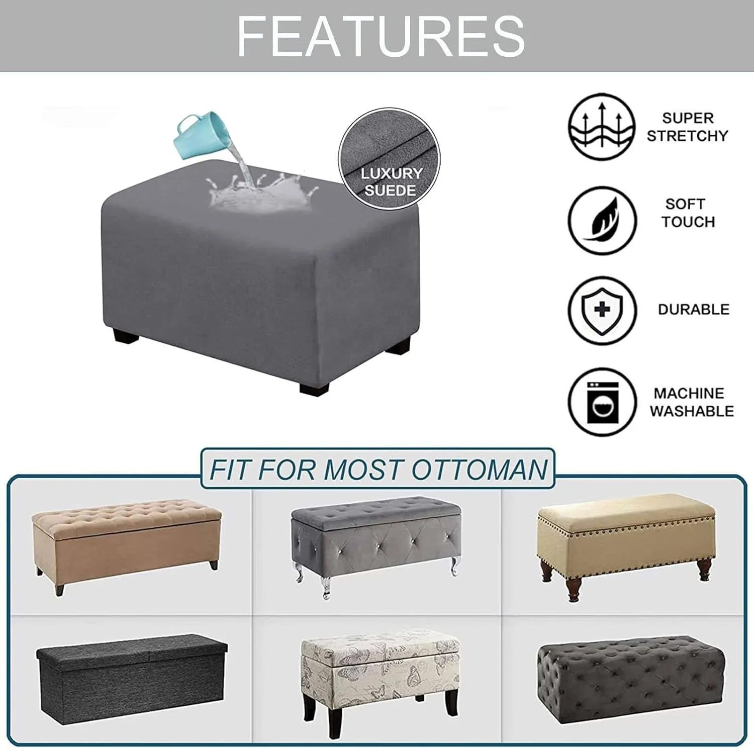 Waterproof Ottoman Cover Rectangle, Stretch Velvet Soft Ottoman Slipcovers Fit Folding Storage Stool with Elastic Bottom-Gray-Medium