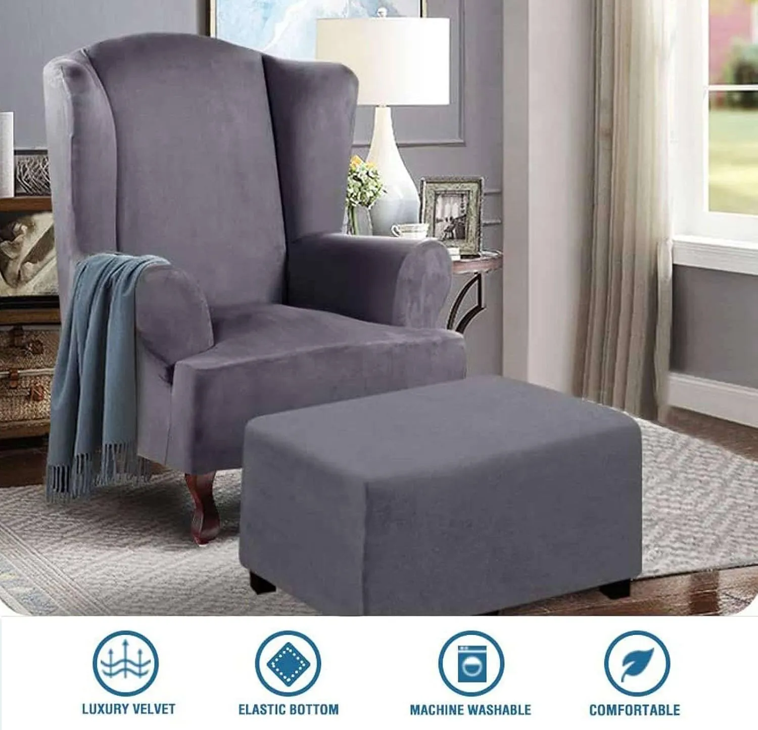 Waterproof Ottoman Cover Rectangle, Stretch Velvet Soft Ottoman Slipcovers Fit Folding Storage Stool with Elastic Bottom-Gray-Medium