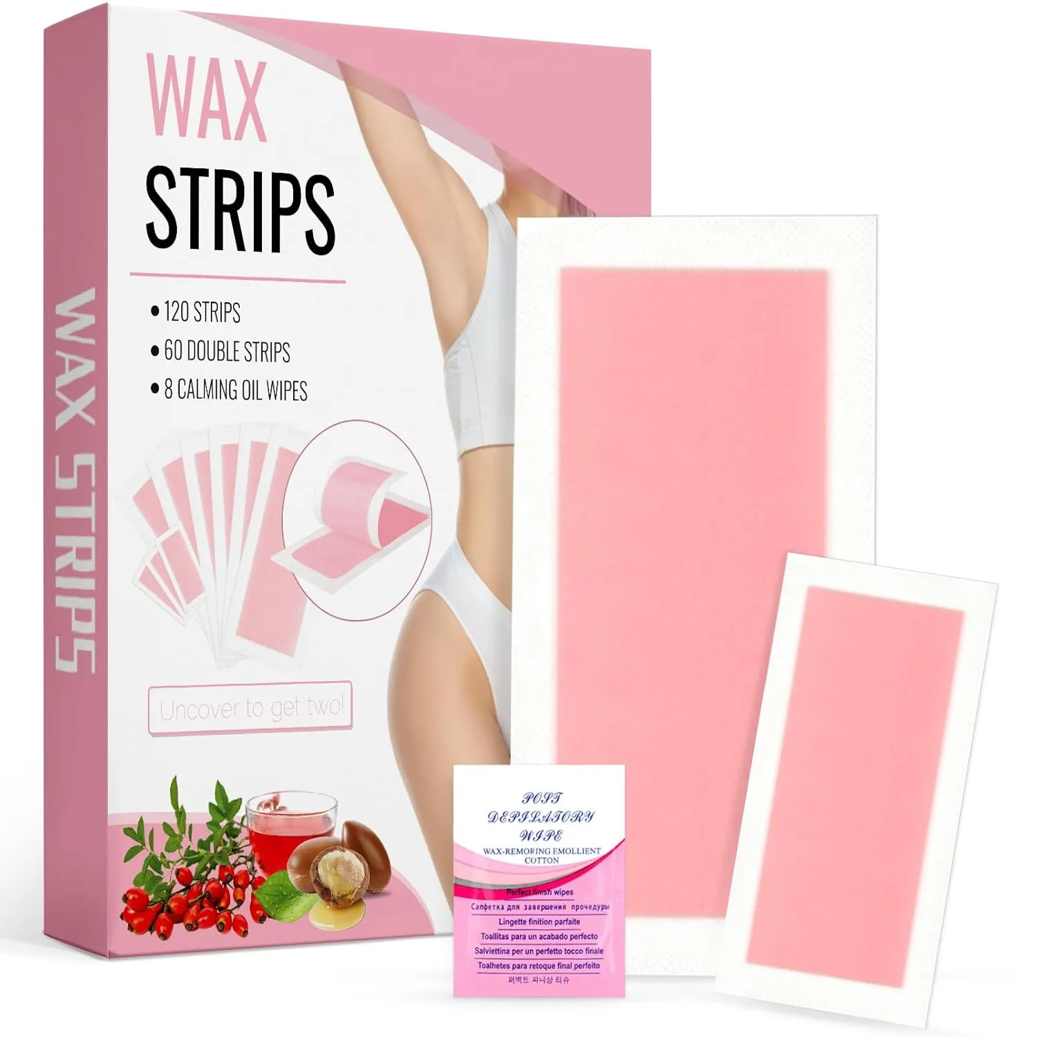 Wax Strips Body Hair Removal 120 Strips 2 Sizes and 8 Oil Wipes Bikini Waxing Strip Dual Sides Brazilian Wax for Women Men Face Arms Legs Underarm Back Waxing Kit Suit Many Skin Rose Scent