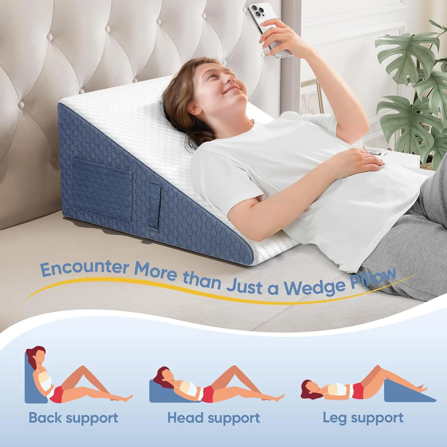 Wedge Pillow for Sleep, 10inch Bed Wedge Pillow for Headboard, Acid Reflux, Heartburn, GERD, Neck Pain, Cooling Memory Foam Top, Removable Washable Cover Wedge Pillow for Improved Sleep