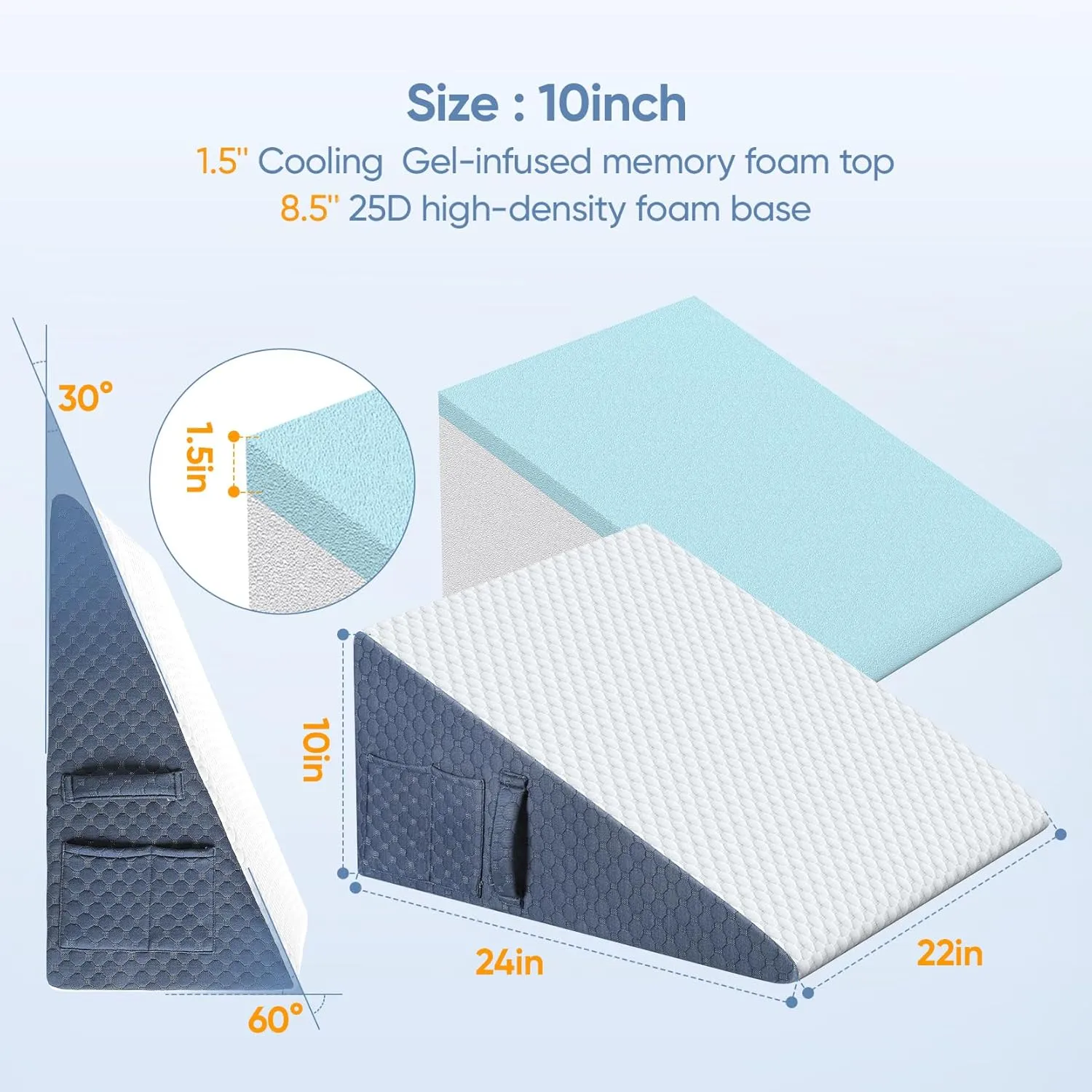 Wedge Pillow for Sleep, 10inch Bed Wedge Pillow for Headboard, Acid Reflux, Heartburn, GERD, Neck Pain, Cooling Memory Foam Top, Removable Washable Cover Wedge Pillow for Improved Sleep