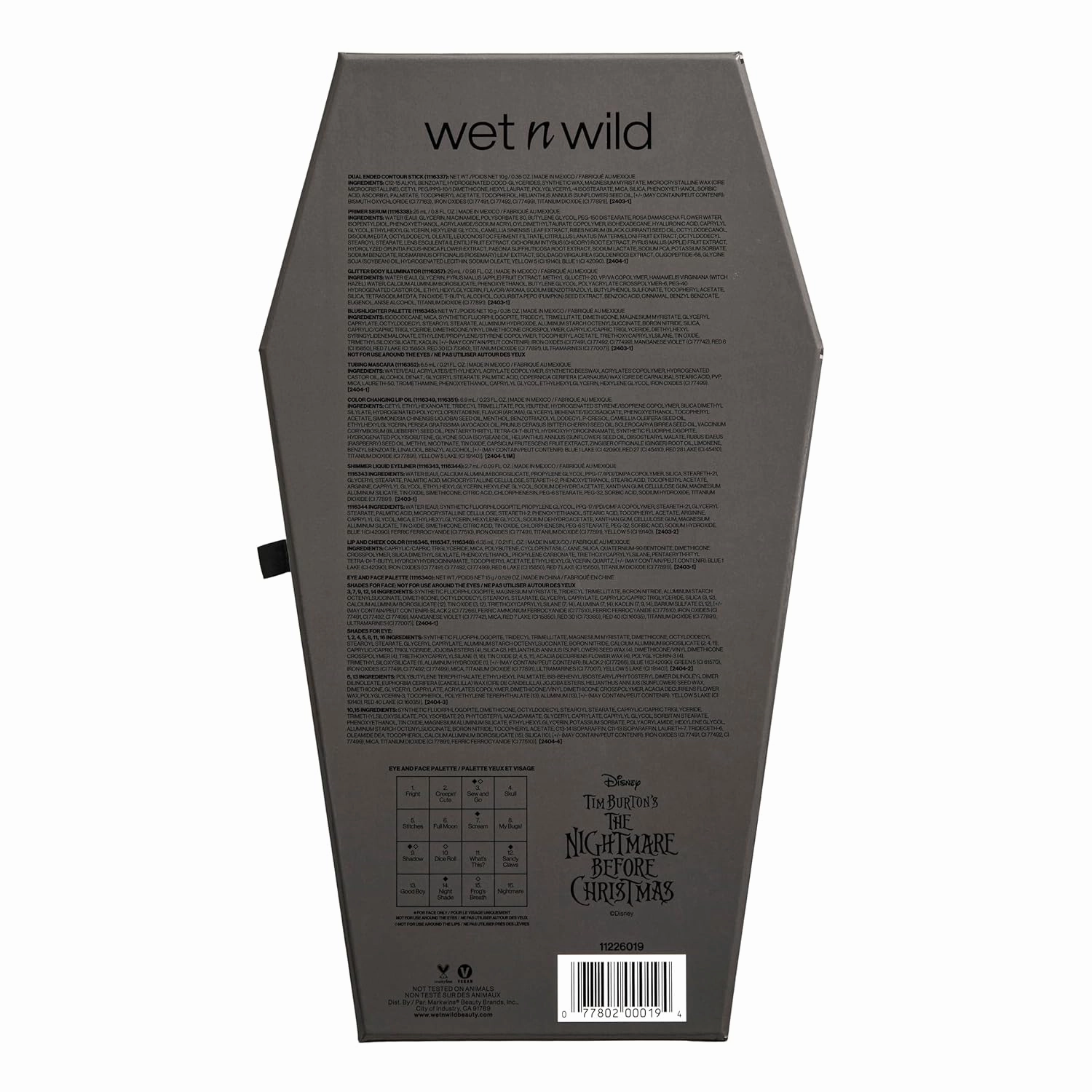 wet n wild Disney Nightmare Before Christmas Limited Edition PR Box - Coffin-Shaped Collector's Set with Eye, Face & Body Makeup, Color-Changing Lip Oils, Tubing Mascara & More - Cruelty-Free
