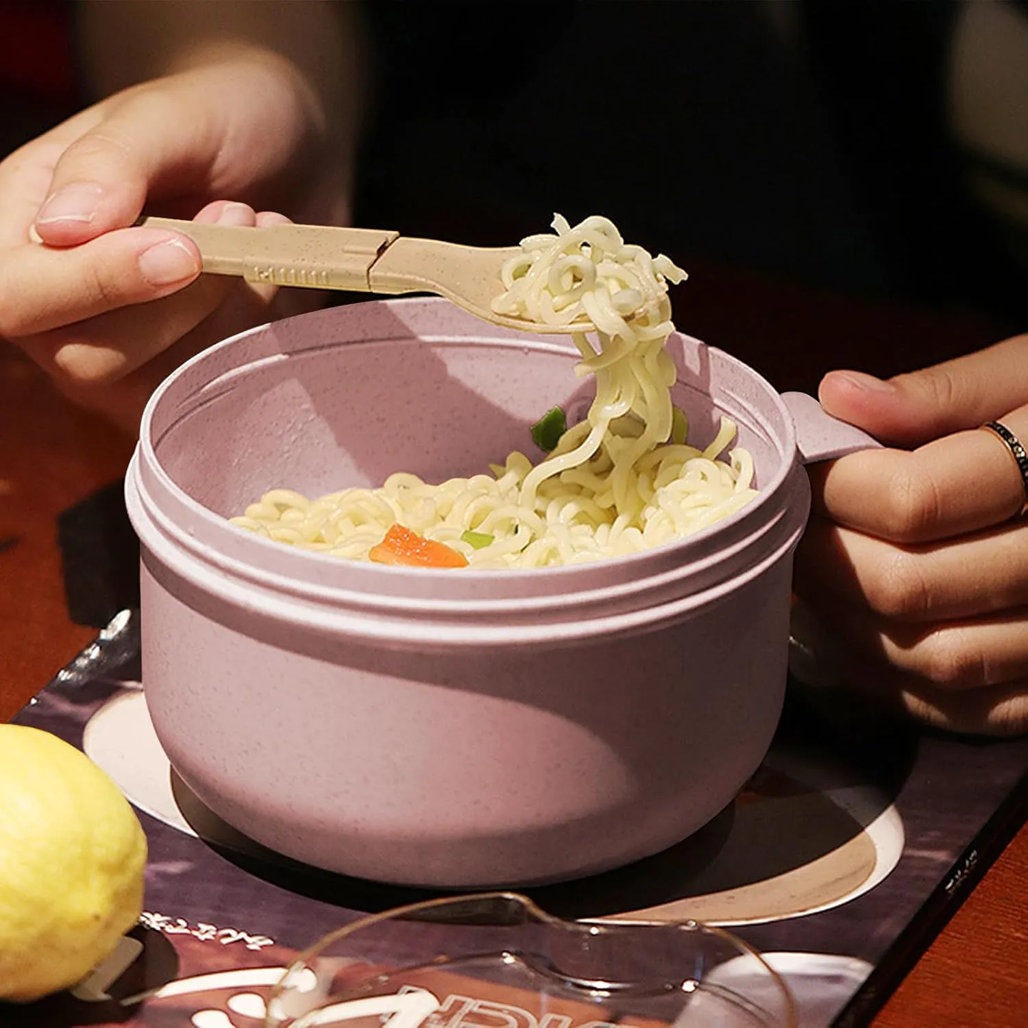 Wheat Straw Microwave Ramen Bowl Set Noodle Bowls,Microwave Safe Instant Noodles Soup Bowls, Easy-Grip Design for On-the-Go, for Soup Oatmeal Gumbo Salad Rice Cereal & More - BPA-Free(Pink)