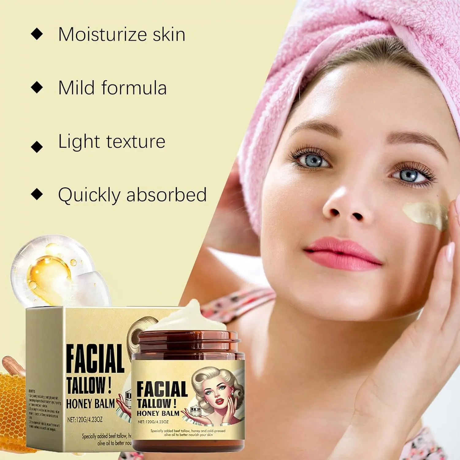 Whipped Beef Tallow and Honey Balm, Grass Fed Grass Finished Face Cream, Beef Tallow Balm for Skin Care Tallow and Honey Cream,Natural Moisturizer for Face & Body (1)