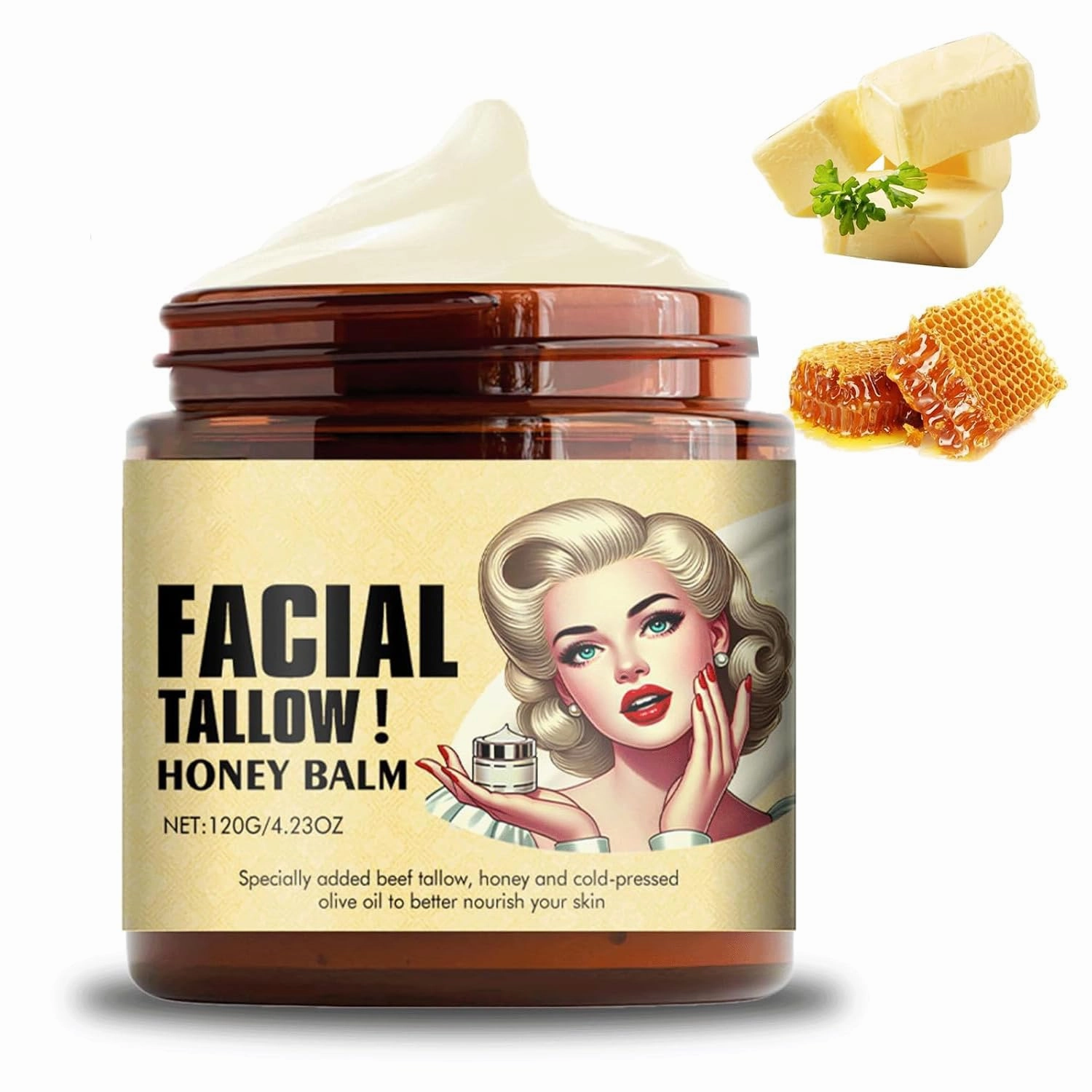 Whipped Beef Tallow and Honey Balm, Beef Tallow Balm for Skin Care Tallow and Honey Cream, Grass Fed Grass Finished Face Cream, Natural Moisturizer for Face & Body(1PCS*120g)