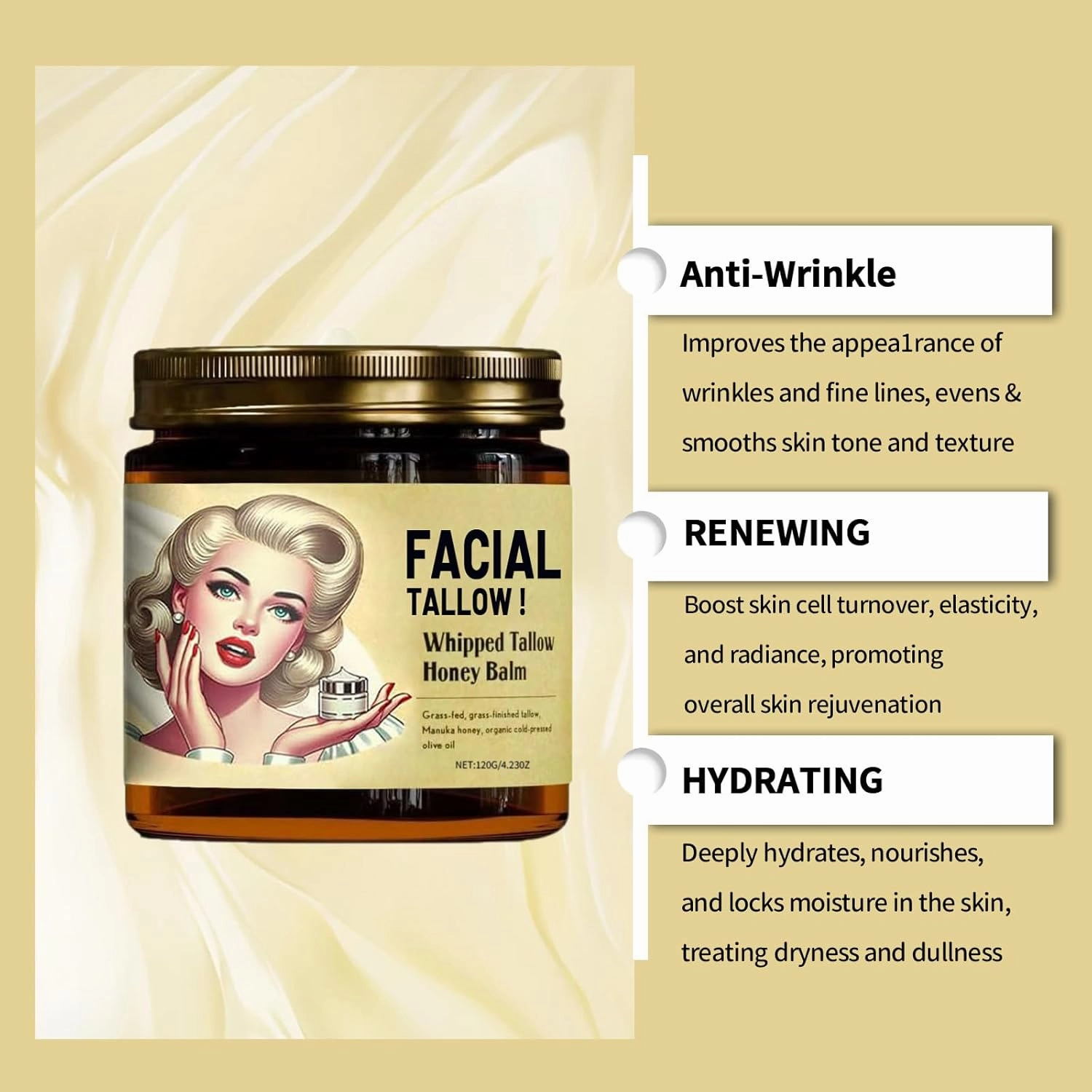 Whipped Beef Tallow and Manuka Honey Balm, Whipped Tallow Honey Balm - 4oz, Organic Face Cream for Moisturizing, Skin Care and Lip Balm (2)