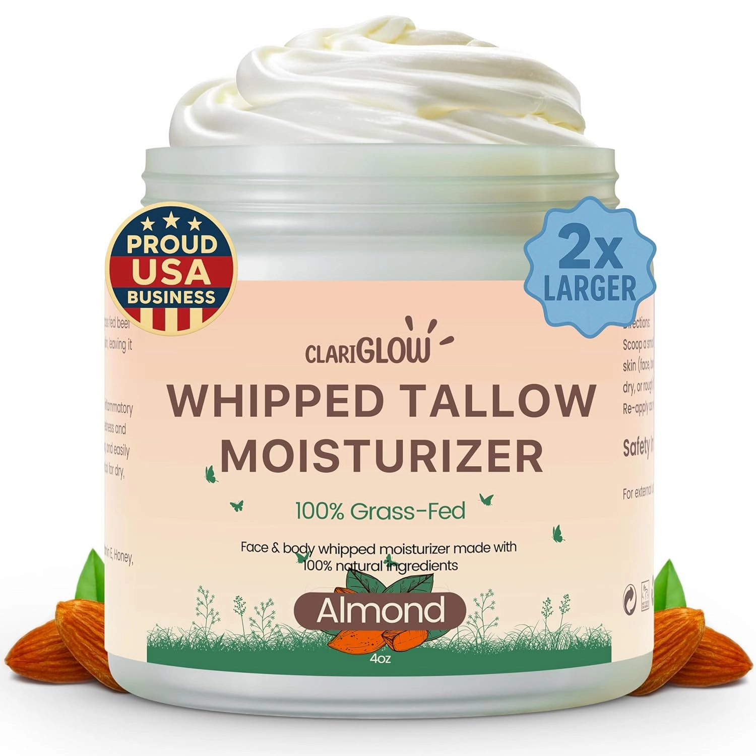 Whipped Beef Tallow Face Moisturizer | 100% Grass Fed Beef Tallow Skin Face Balm Cream | Lotion Balm Body Moisturizer with Honey & Almond | 4 oz | Natural Skin Care