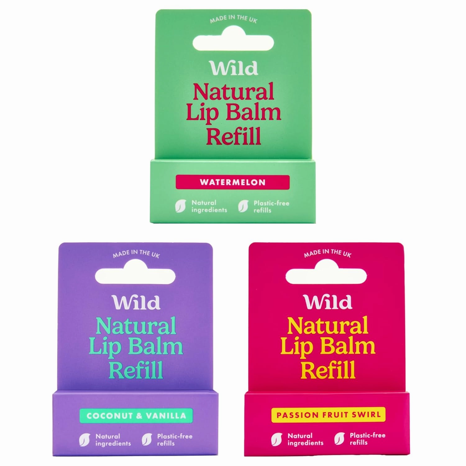 Wild - Refillable Lip Balm - 3 Pack of Lip Balm Refills in a Variety of Scents - Includes Coconut & Vanilla, Passionfruit Swirl & Watermelon Flavors - Beeswax Free