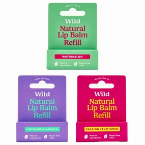 Wild - Refillable Lip Balm - 3 Pack of Lip Balm Refills in a Variety of Scents - Includes Coconut & Vanilla, Passionfruit Swirl & Watermelon Flavors - Beeswax Free