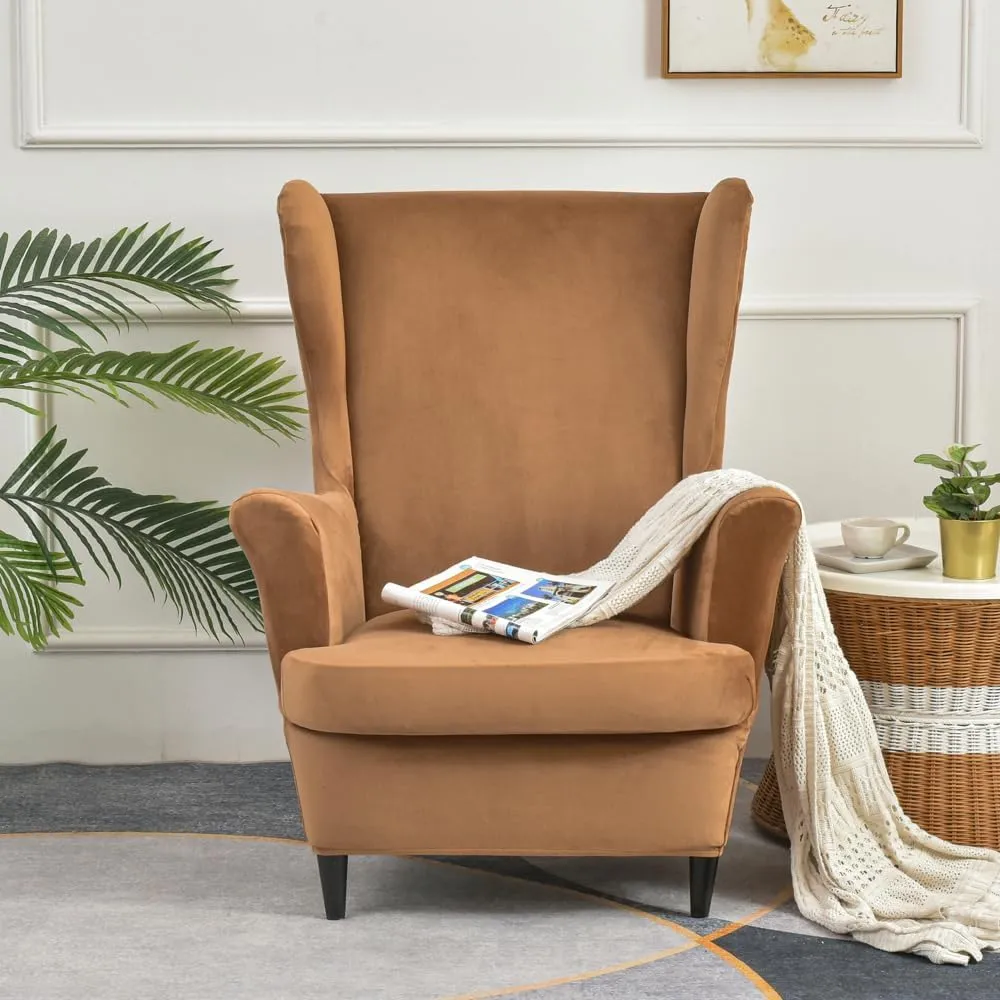 Wing Chair Slipcovers, 2 Piece Stretch Wingback Chair Cover Soft Velvet Armchair Covers with Elastic Bottom for Living Room Bedroom (Camel)