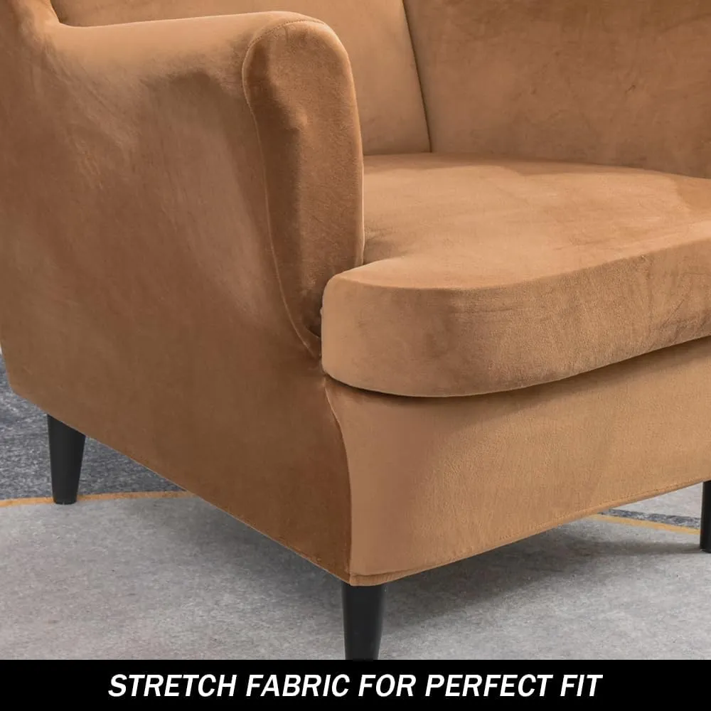 Wing Chair Slipcovers, 2 Piece Stretch Wingback Chair Cover Soft Velvet Armchair Covers with Elastic Bottom for Living Room Bedroom (Camel)
