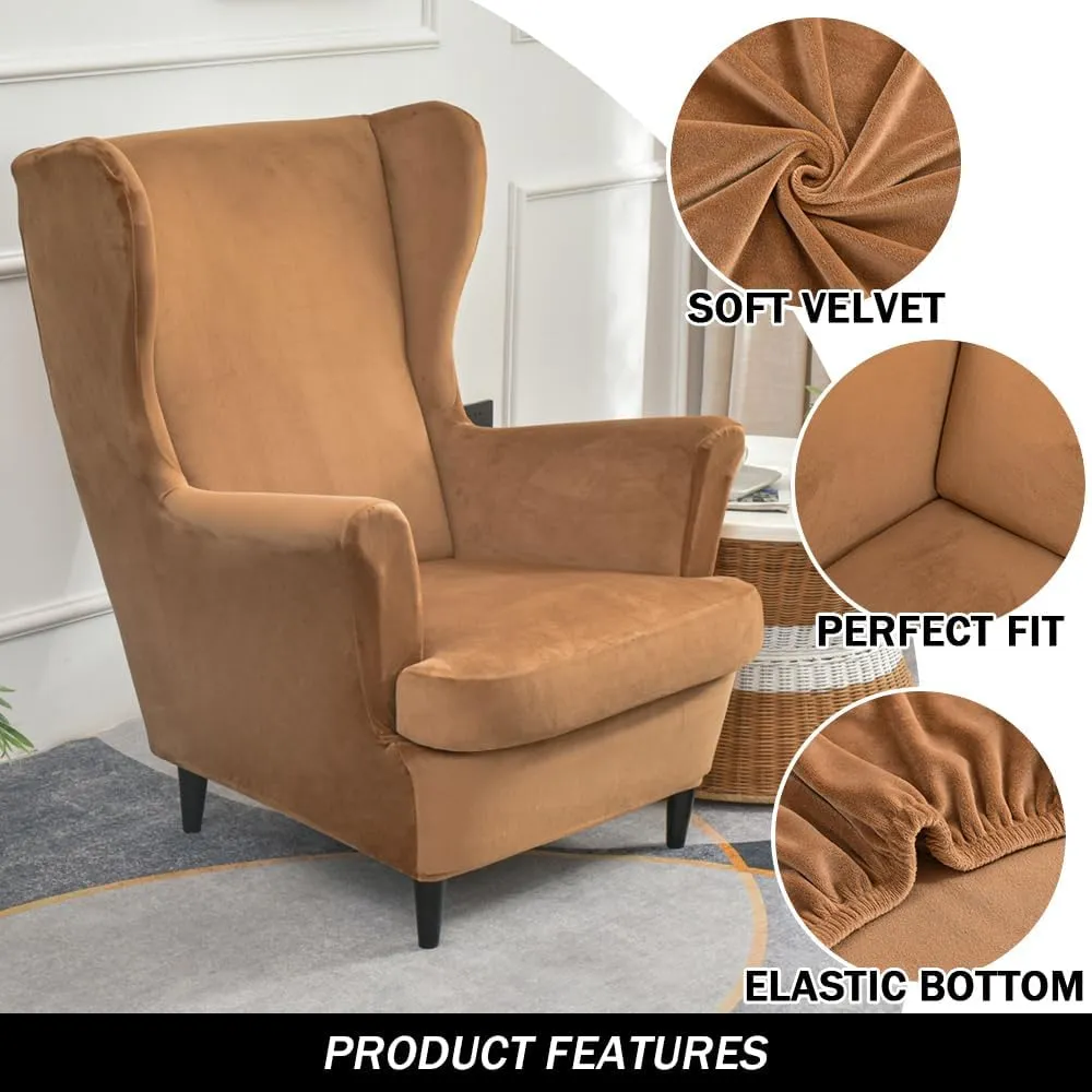 Wing Chair Slipcovers, 2 Piece Stretch Wingback Chair Cover Soft Velvet Armchair Covers with Elastic Bottom for Living Room Bedroom (Camel)