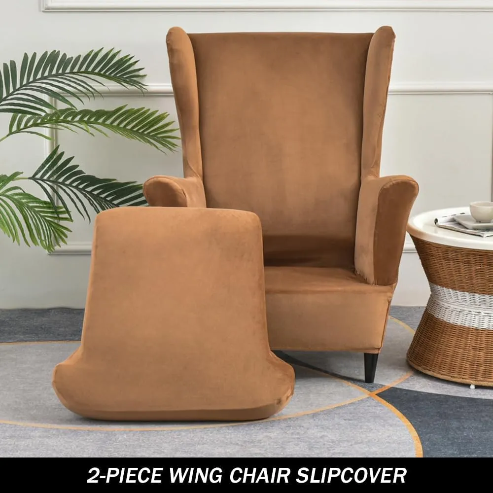 Wing Chair Slipcovers, 2 Piece Stretch Wingback Chair Cover Soft Velvet Armchair Covers with Elastic Bottom for Living Room Bedroom (Camel)
