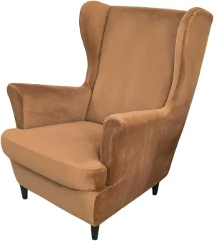 Wing Chair Slipcovers, 2 Piece Stretch Wingback Chair Cover Soft Velvet Armchair Covers with Elastic Bottom for Living Room Bedroom (Camel)