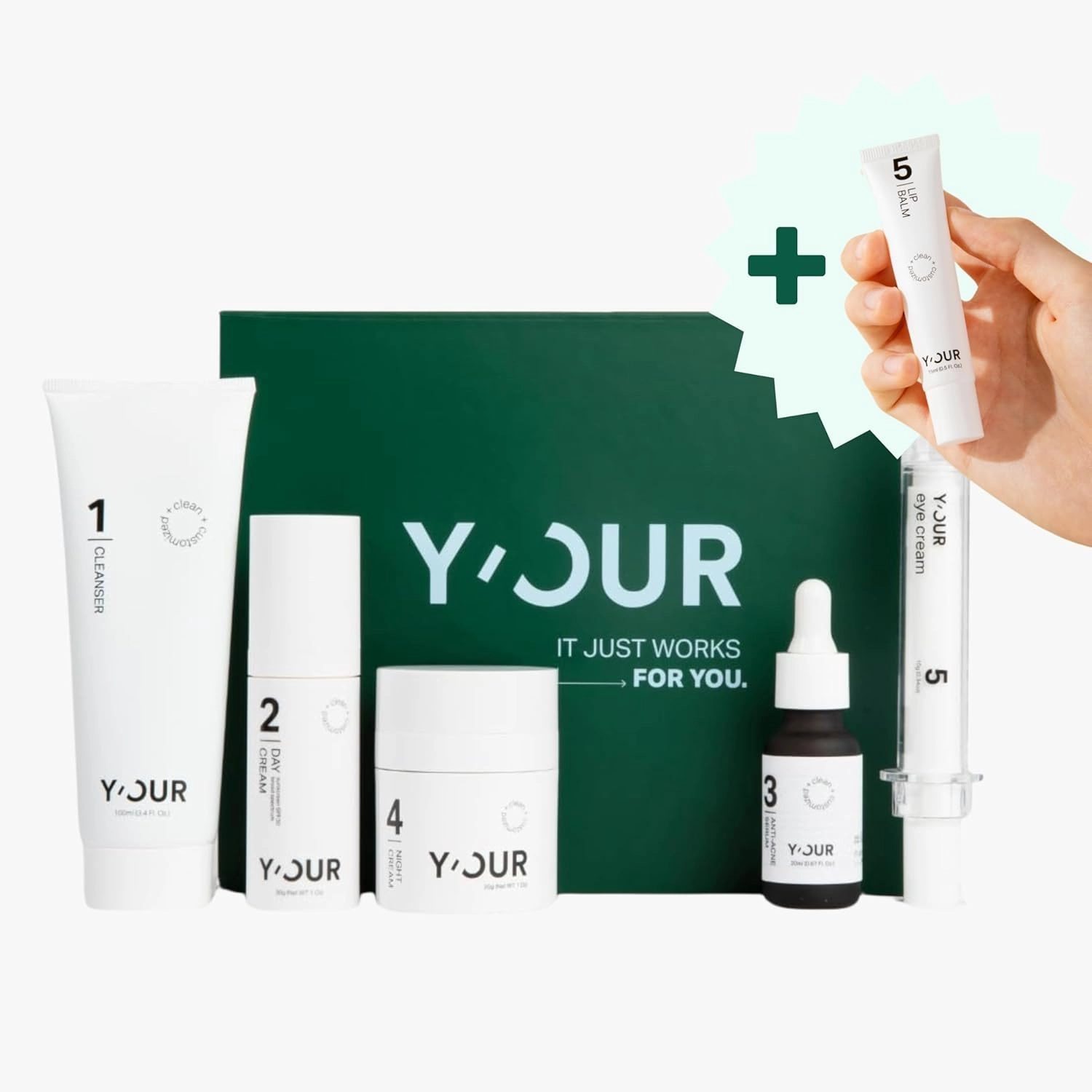 Y’OUR Anti-Aging Skincare System: Lip Balm Gift Inside; Smoothing Cleanser, Antioxidant Day Cream, Perfecting Serum, Recovery Night Cream & Advanced Retinol Eye Cream. Made in USA