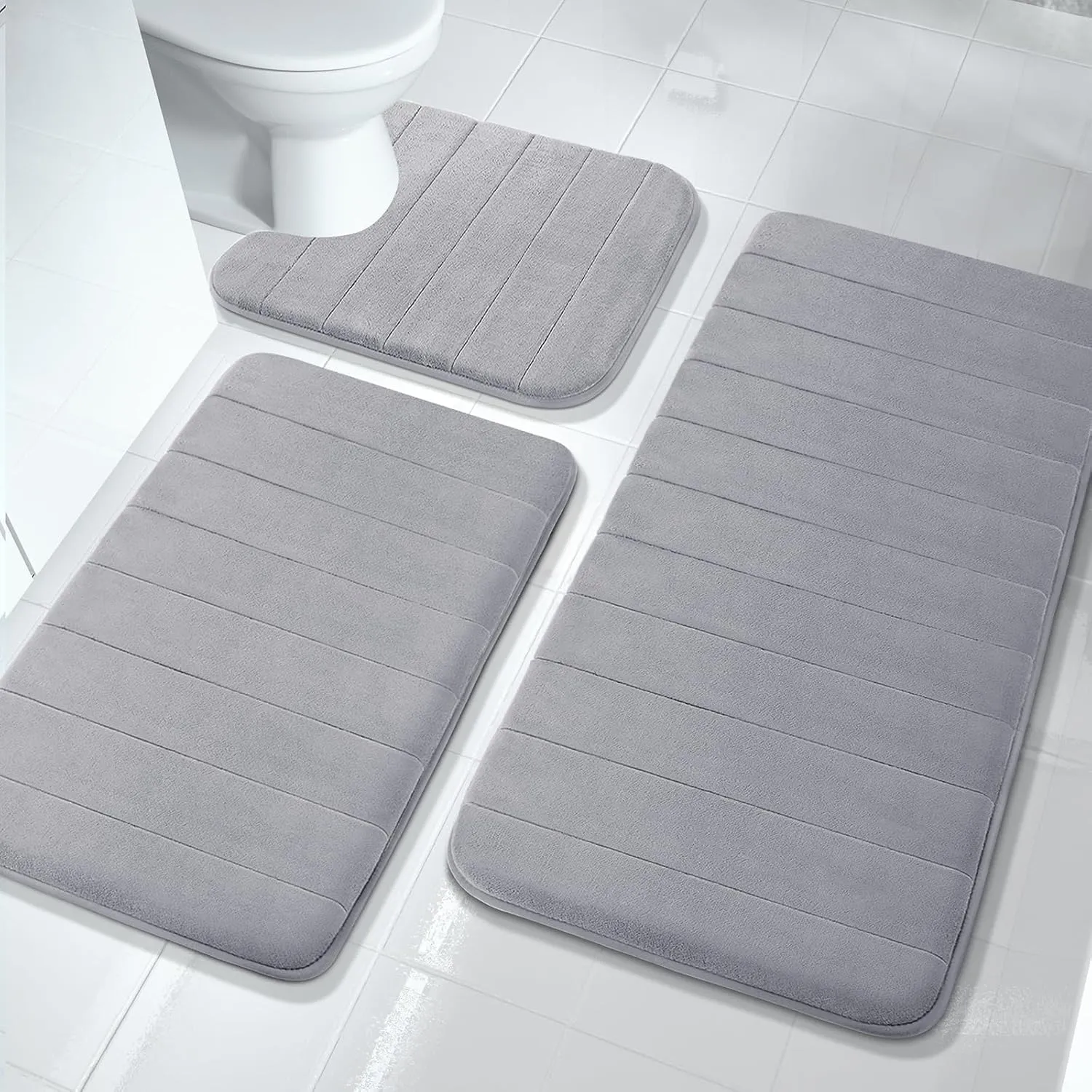 Yimobra Bathroom Rugs Sets 3 Pieces, Soft Comfortable Memory Foam Bath Mat and U-Shaped Toilet Rug Area Rug Set, Non-Slip Water Absorption Quick Drying Bath Rug, Home Decor Accessories, Grey