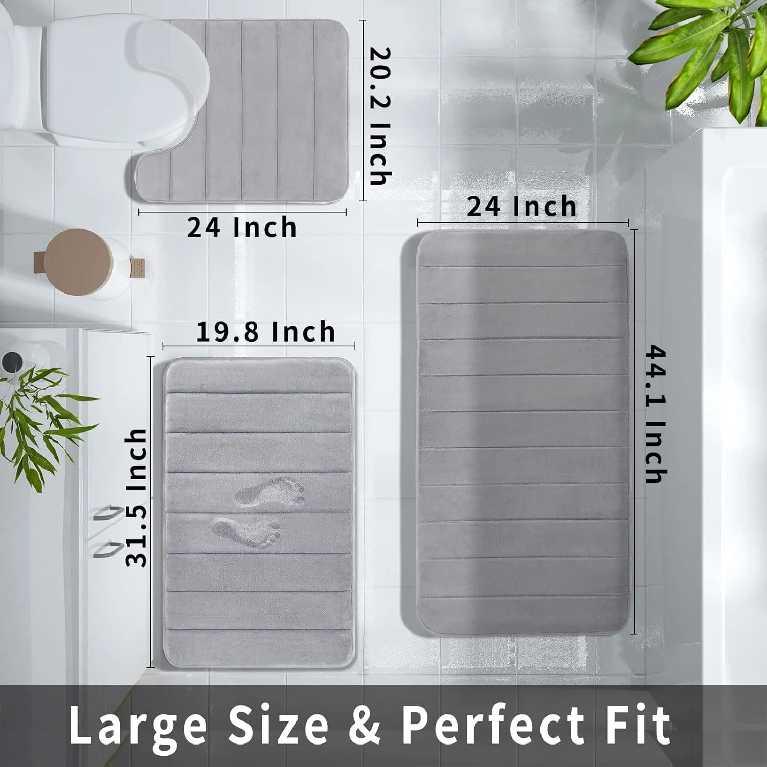 Yimobra Bathroom Rugs Sets 3 Pieces, Soft Comfortable Memory Foam Bath Mat and U-Shaped Toilet Rug Area Rug Set, Non-Slip Water Absorption Quick Drying Bath Rug, Home Decor Accessories, Grey