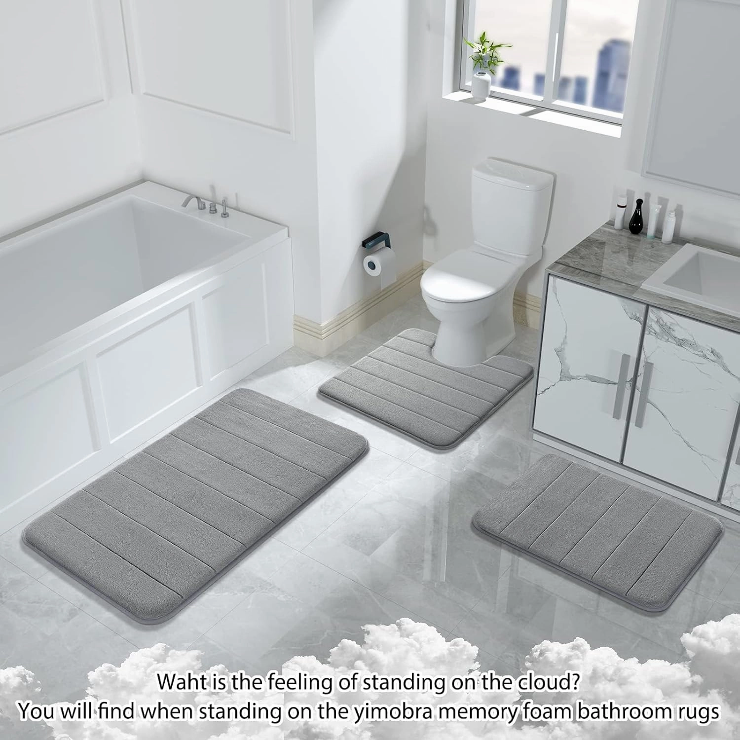 Yimobra 3 Pieces Memory Foam Bath Mat Set with U-Shaped Toilet Rug - Non Slip Super Soft Absorbent Quick Dry Bathroom Rugs for Bathtub, Vanity & Toilet Base, Gray