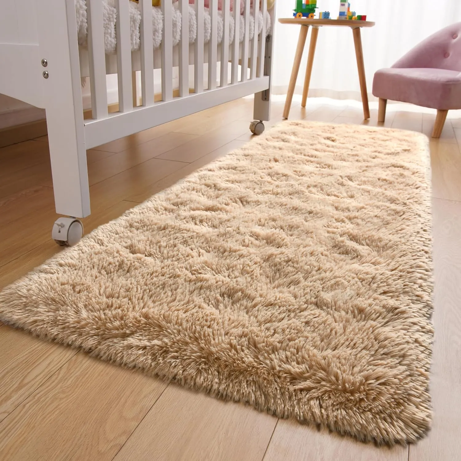 YJ.GWL Fluffy Runner Rugs for Bedroom Living Room Soft Shag Rug 2x6 Feet, Beige Plush Carpet Non Slip for Nursery Dorm, Fuzzy Bedside Rug for Kids Boys Room Home Decor