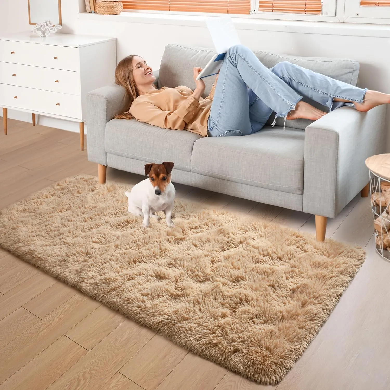 YJ.GWL Fluffy Runner Rugs for Bedroom Living Room Soft Shag Rug 2x6 Feet, Beige Plush Carpet Non Slip for Nursery Dorm, Fuzzy Bedside Rug for Kids Boys Room Home Decor