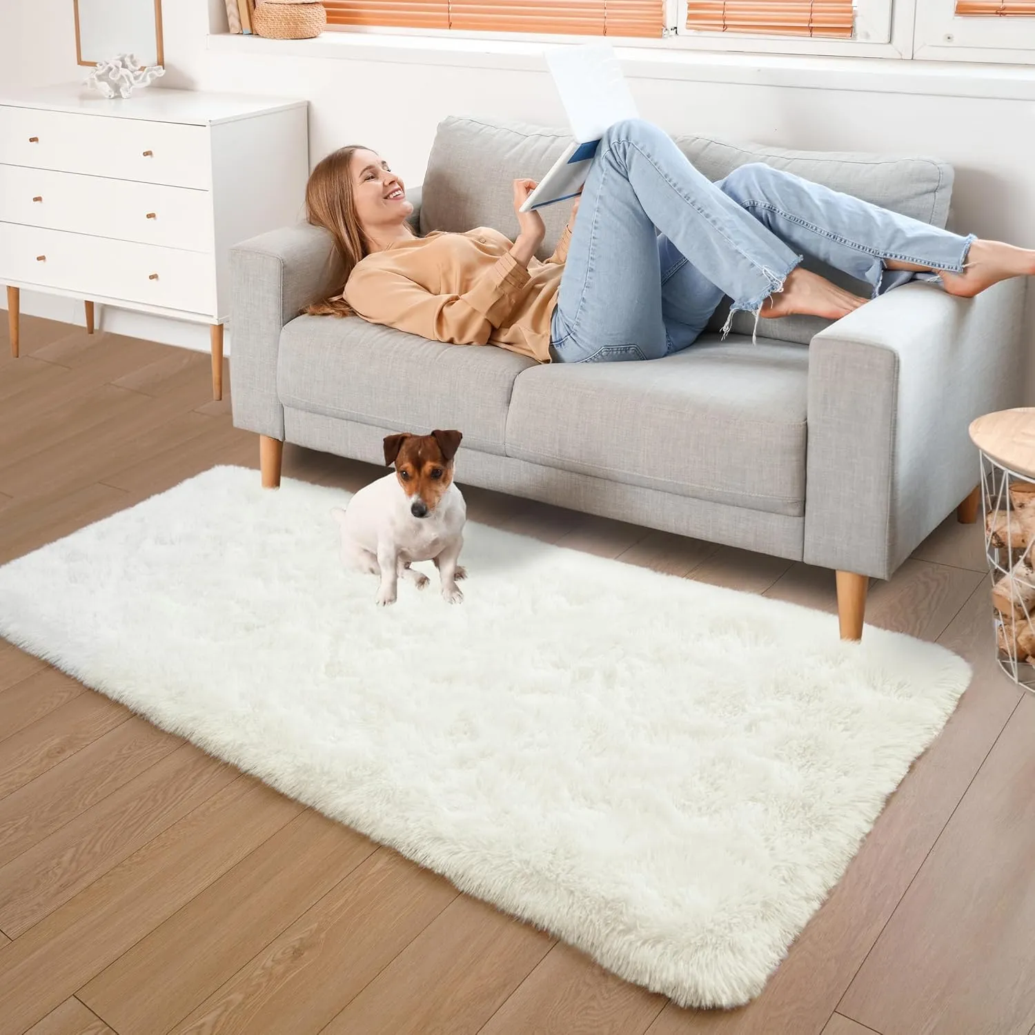 YJ.GWL Fluffy Runner Rugs for Bedroom Living Room Soft Shag Rug 2x6 Feet, Cream Plush Carpet Non Slip for Nursery Dorm, Fuzzy Bedside Rug for Kids Boys Room Home Decor