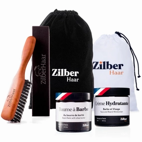 ZilberHaar - Beard Care Kit for Men - 1 Regular Beard Brush   1 Beard Balm   1 Moisturizing Cream   1 Beard Bib - Stiff Boar Bristles and Beech Wood - Supplied in a Velvet Bag