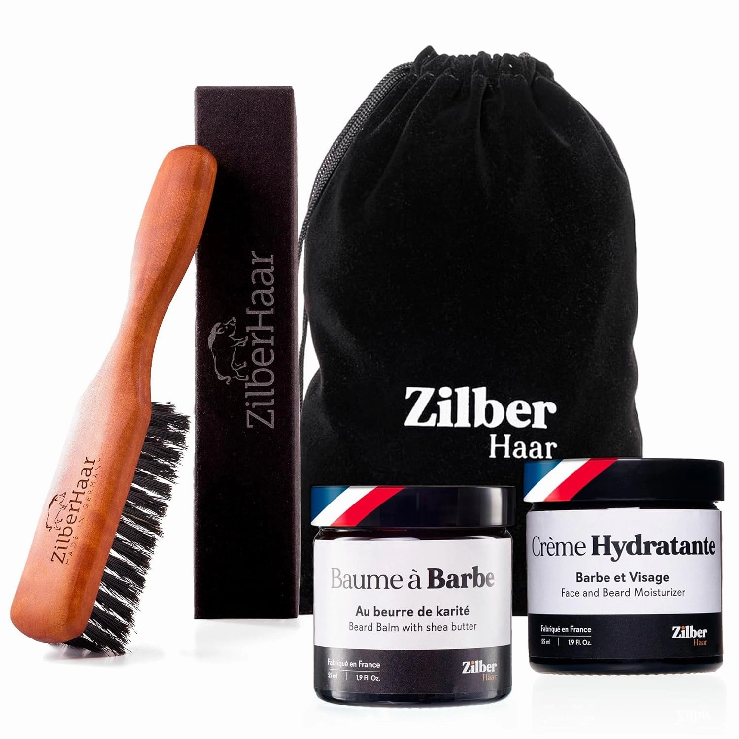 ZilberHaar - Beard Care Kit for Men - 1 Regular Beard Brush   1 Beard Balm   1 Moisturizing Cream - Stiff Boar Bristles and Beech Wood - Short to Medium Length Beards - Supplied in a Velvet Bag