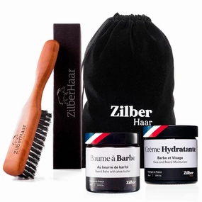 ZilberHaar - Beard Care Kit for Men - 1 Regular Beard Brush   1 Beard Balm   1 Moisturizing Cream - Stiff Boar Bristles and Beech Wood - Short to Medium Length Beards - Supplied in a Velvet Bag