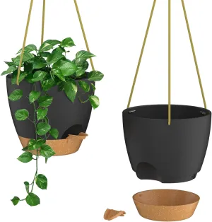 ZMTECH 10 Inch Hanging Planters for Indoor Outdoor Plants, 2 Pack Self Watering Hanging Plant Pots with Drainage Holes and Removable Saucer, Plastic Flower Hanging Pots with Watering Lip (Black)