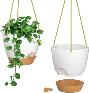 ZMTECH 10 Inch Hanging Planters for Indoor Outdoor Plants, 2 Pack Self Watering Hanging Plant Pots with Drainage Holes and Removable Saucer, Plastic Flower Hanging Pots with Watering Lip (White)
