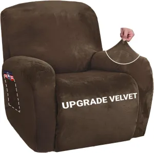 ZNSAYOTX Stretch Velvet Recliner Cover 4-Pieces, Thick Soft Recliner Chair Slipcover with Pocket, Non-Slip Elastic Bottom for Kids Pets, Luxury Plush Reclining Protector Comfy Washable (Dark Coffee)