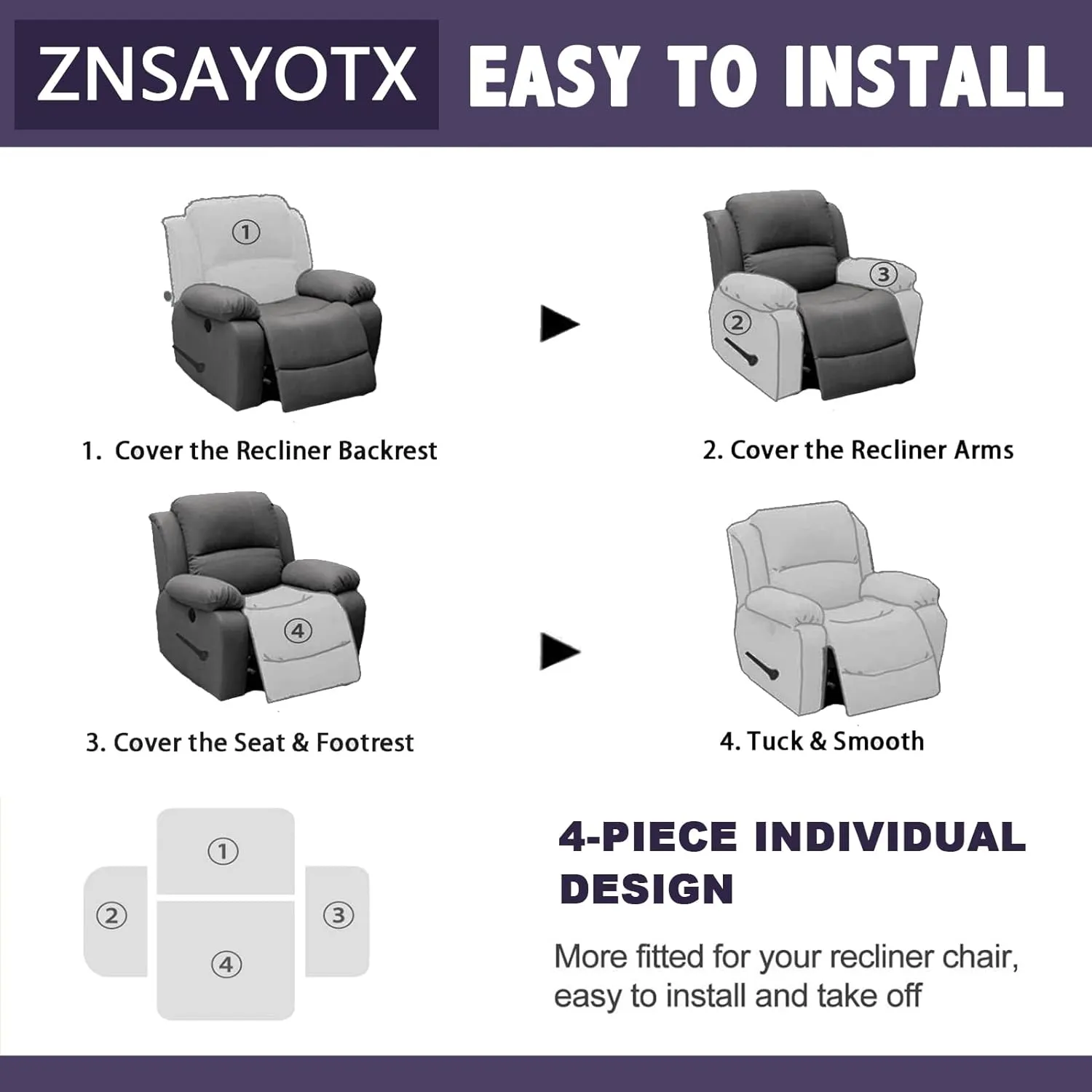 ZNSAYOTX Stretch Velvet Recliner Cover 4-Pieces, Thick Soft Recliner Chair Slipcover with Pocket, Non-Slip Elastic Bottom for Kids Pets, Luxury Plush Reclining Protector Comfy Washable (Dark Coffee)