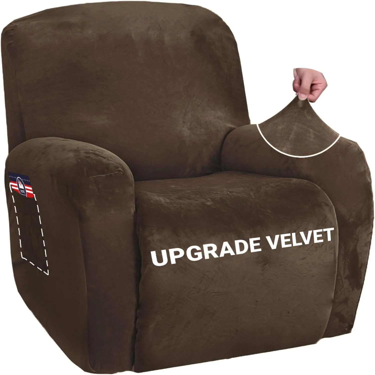 ZNSAYOTX Stretch Velvet Recliner Cover 4-Pieces, Thick Soft Recliner Chair Slipcover with Pocket, Non-Slip Elastic Bottom for Kids Pets, Luxury Plush Reclining Protector Comfy Washable (Dark Coffee)
