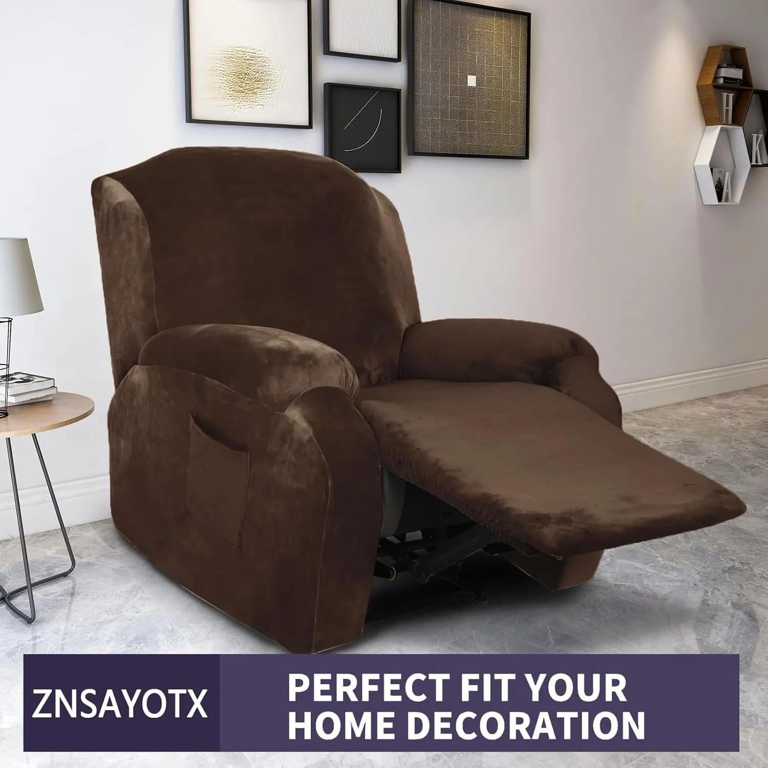 ZNSAYOTX Stretch Velvet Recliner Cover 4-Pieces, Thick Soft Recliner Chair Slipcover with Pocket, Non-Slip Elastic Bottom for Kids Pets, Luxury Plush Reclining Protector Comfy Washable (Dark Coffee)