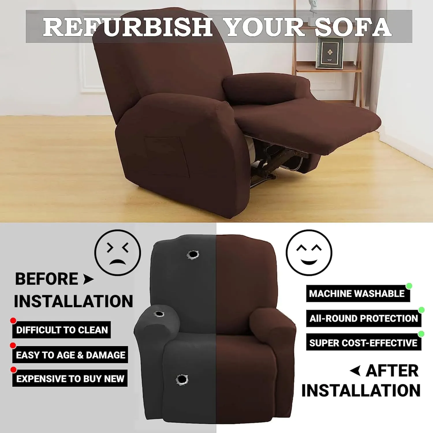 ZNSAYOTX Stretch Velvet Recliner Cover 4-Pieces, Thick Soft Recliner Chair Slipcover with Pocket, Non-Slip Elastic Bottom for Kids Pets, Luxury Plush Reclining Protector Comfy Washable (Dark Coffee)