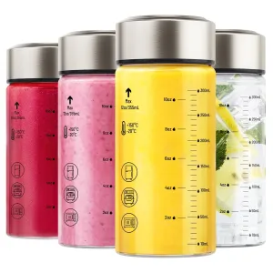 Zukro 12 oz Glass Juice Bottles, 4 Pack Reusable Leakproof BPA-Free Clear Wide Mouth Glass Bottles for Juicing, Smoothie, Protein, Infused Water, Beverage Storage, Borosilicate, Stainless Steel Lids