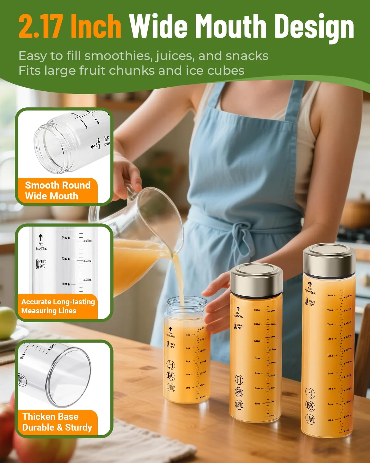 Zukro 20 oz Glass Juice Bottles, 4 Pack Reusable Leakproof BPA-Free Clear Wide Mouth Glass Bottles for Juicing, Smoothie, Protein, Infused Water, Beverage Storage, Borosilicate, Stainless Steel Lids